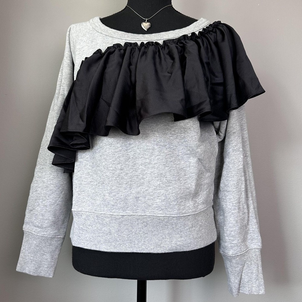 J Crew‎ Asymmetrical Ruffle Sweatshirt Womens Small Gray Black Satin Crewneck